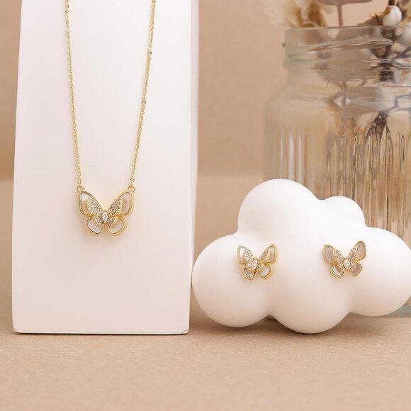 Dainty Butterfly Gold and Silver Jewelry Set - Rhinestone Earrings & Necklace - Picture 5 of 7